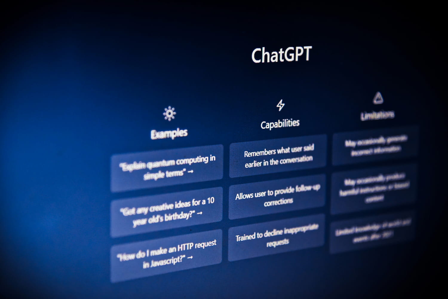 ChatGPT Interface Representing Generative AI SEO ChatGPT interface screen showing examples and capabilities, symbolizing generative AI and search engine optimization concepts